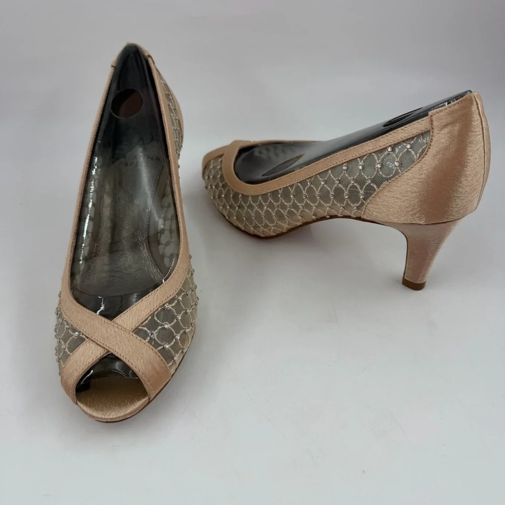 Adrianna Papell Zandra Beaded Lace -SZ 7M- Crystal Embellishments Peep Toe Pumps